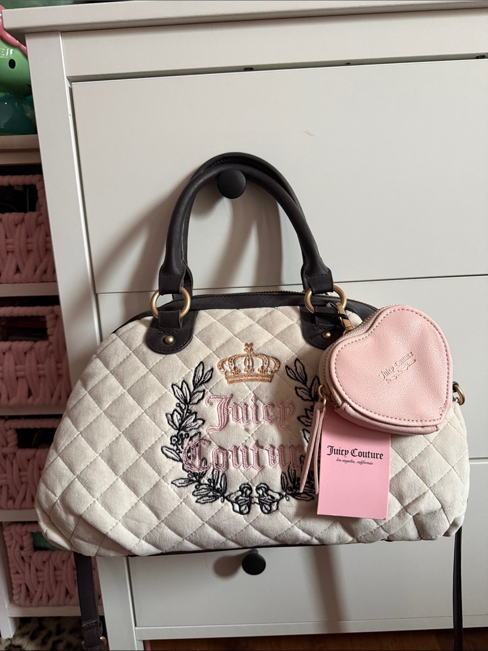 Juicy Couture Cream Quilted Satchel with Pink Heart Coin Pouch